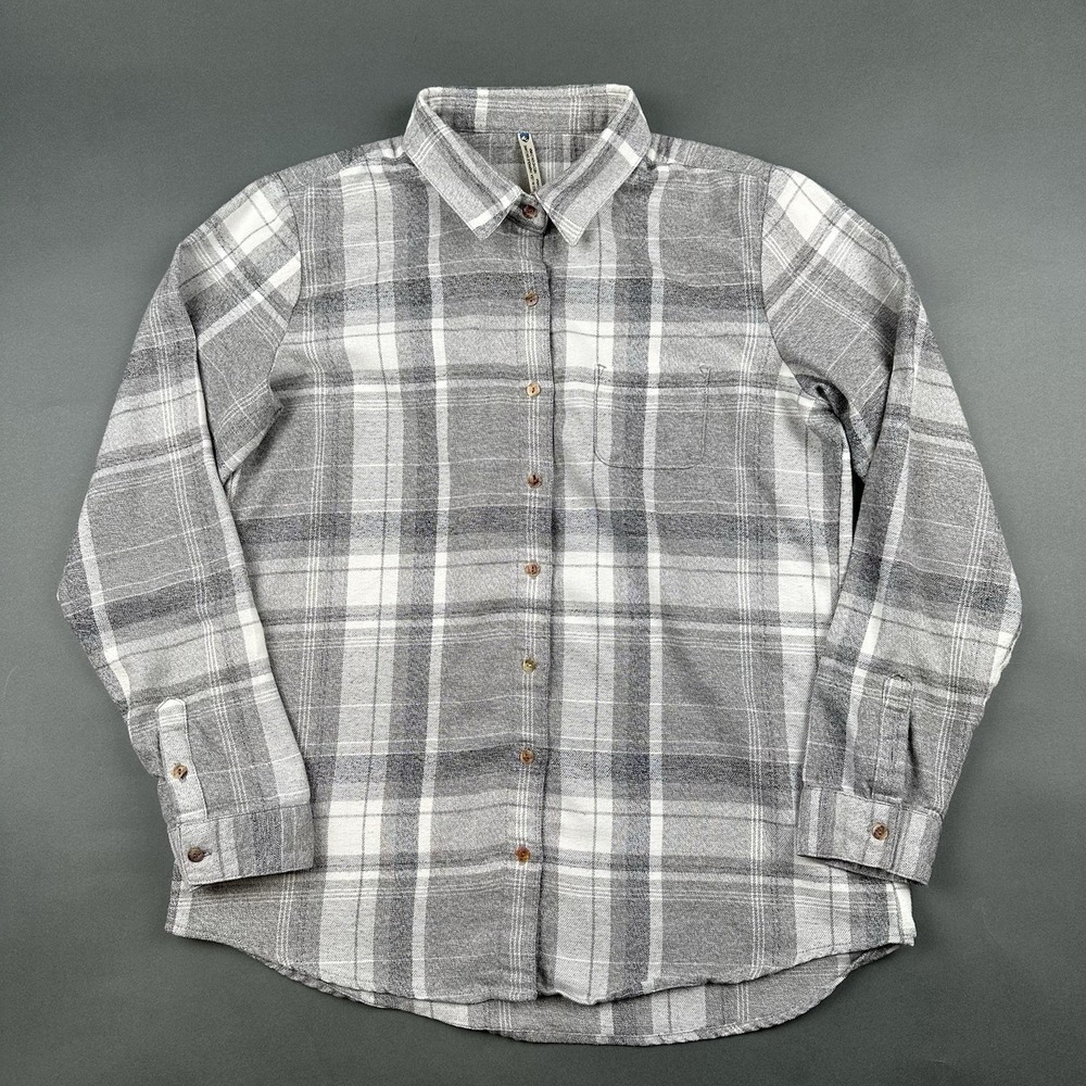 Kuhl Plaid Flannel Shirt Women Medium Grey White Long Sleeve Button Up Outdoor